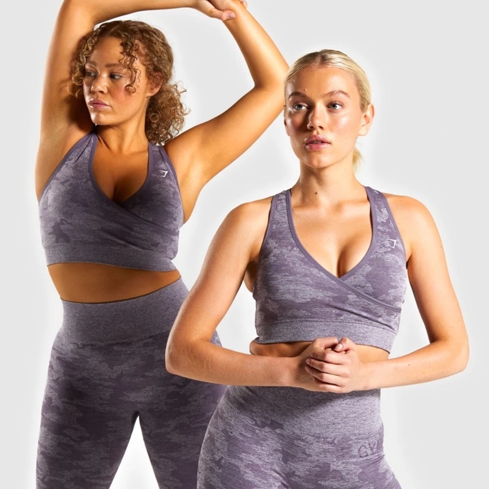 Gymshark 3 piece seamless camo lavender grey set